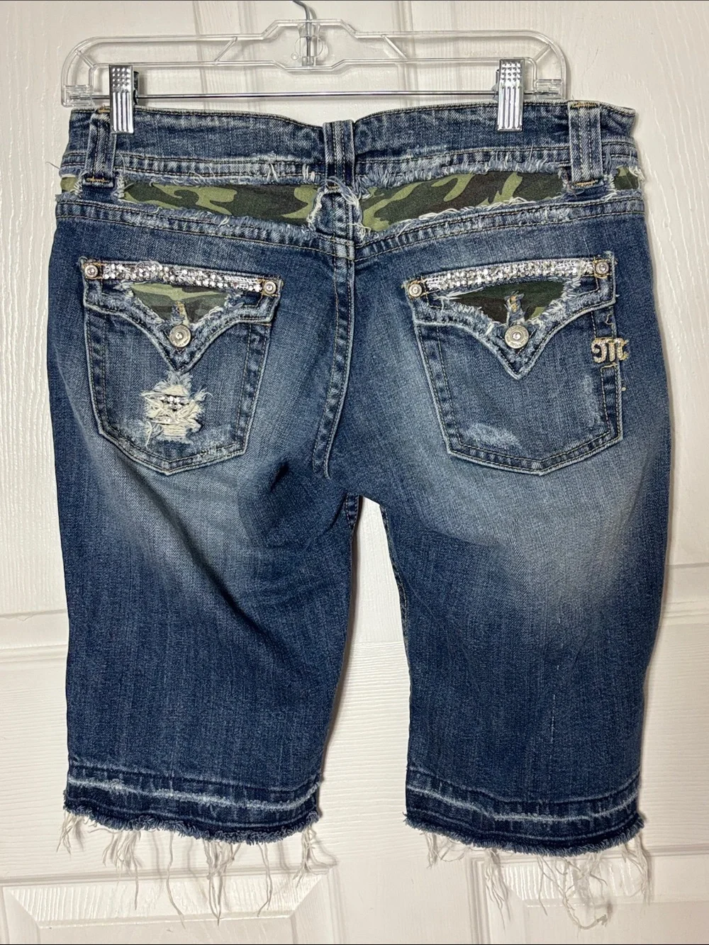 Miss Me Windsor Blue Distressed Denim Long Shorts Size 29 Rhinestone camouflage